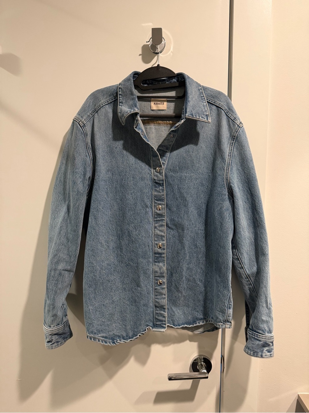 KHAITE Argo Light Blue Denim Snap-Front Shirt Jacket - Picture 2 of 5
